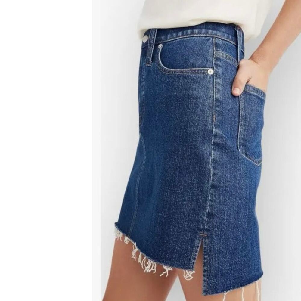 Madewell Denim Miniskirt Women’s Size 26 Medium Wash Step Hemline Side Slits - Picture 2 of 12